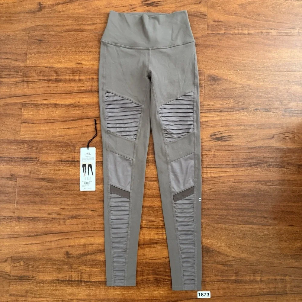 Alo Yoga High Rise Full Length Gray Gravel Moto Leggings Size XS